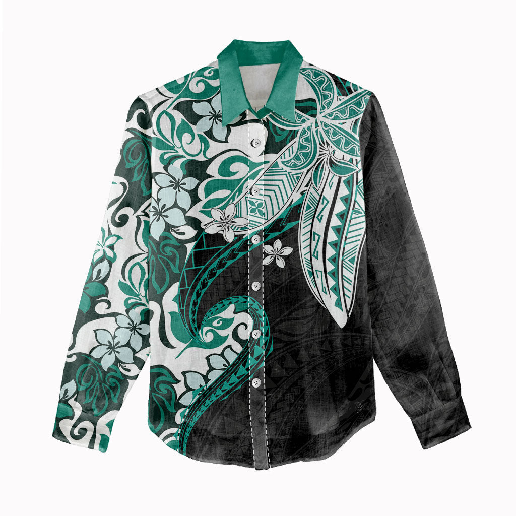 Monstera Plumeria Flowers Teal Women Casual Shirt Polynesian Pattern