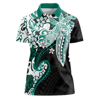 Monstera Plumeria Flowers Teal Women Polo Shirt Polynesian Pattern