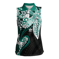 Monstera Plumeria Flowers Teal Women Sleeveless Polo Shirt Polynesian Pattern