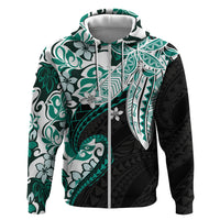 Monstera Plumeria Flowers Teal Zip Hoodie Polynesian Pattern
