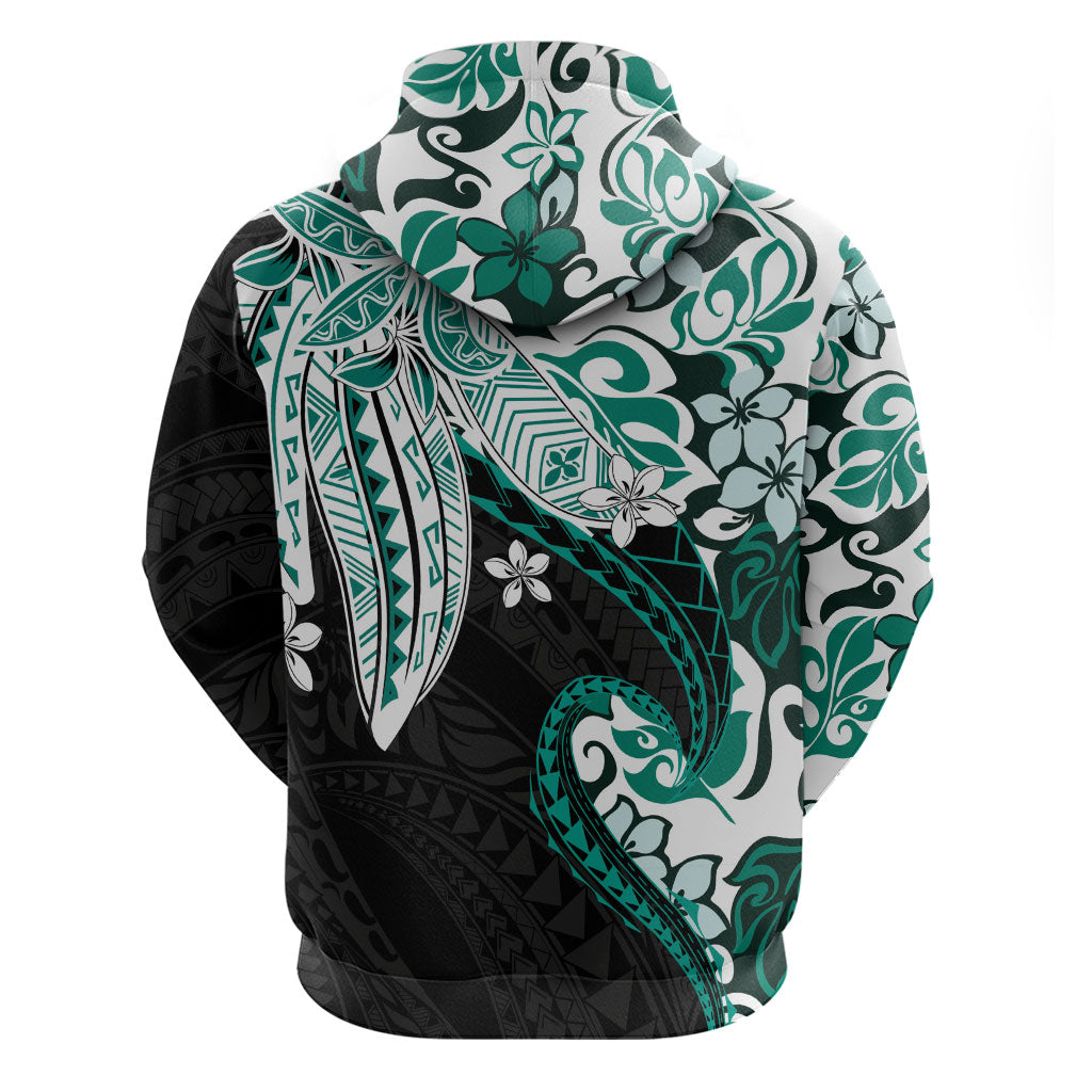 Monstera Plumeria Flowers Teal Zip Hoodie Polynesian Pattern