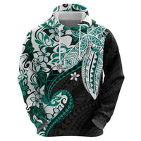 Monstera Plumeria Flowers Teal Zip Hoodie Polynesian Pattern