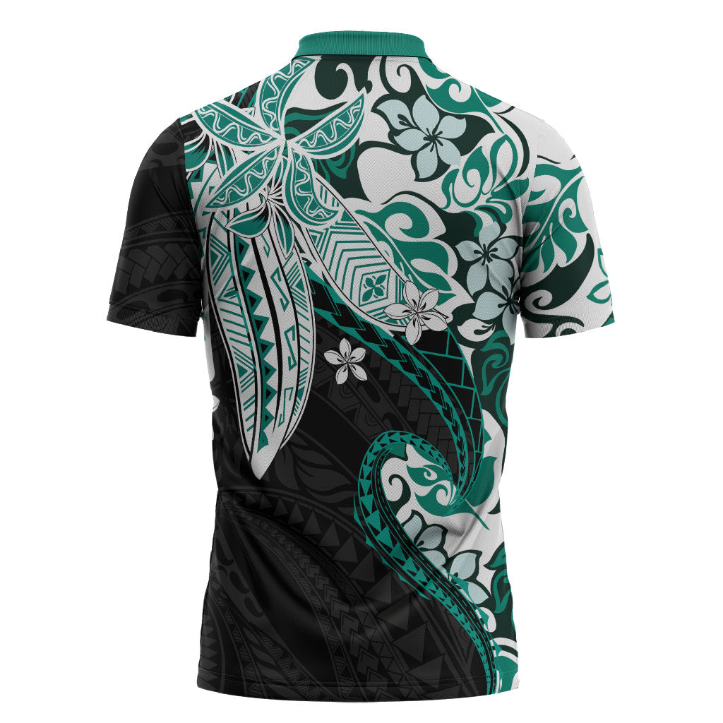 Monstera Plumeria Flowers Teal Zipper Polo Shirt Polynesian Pattern