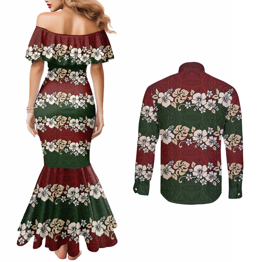 Hawaiian Hibiscus Christmas Color Couples Matching Mermaid Dress and Long Sleeve Button Shirt Unique