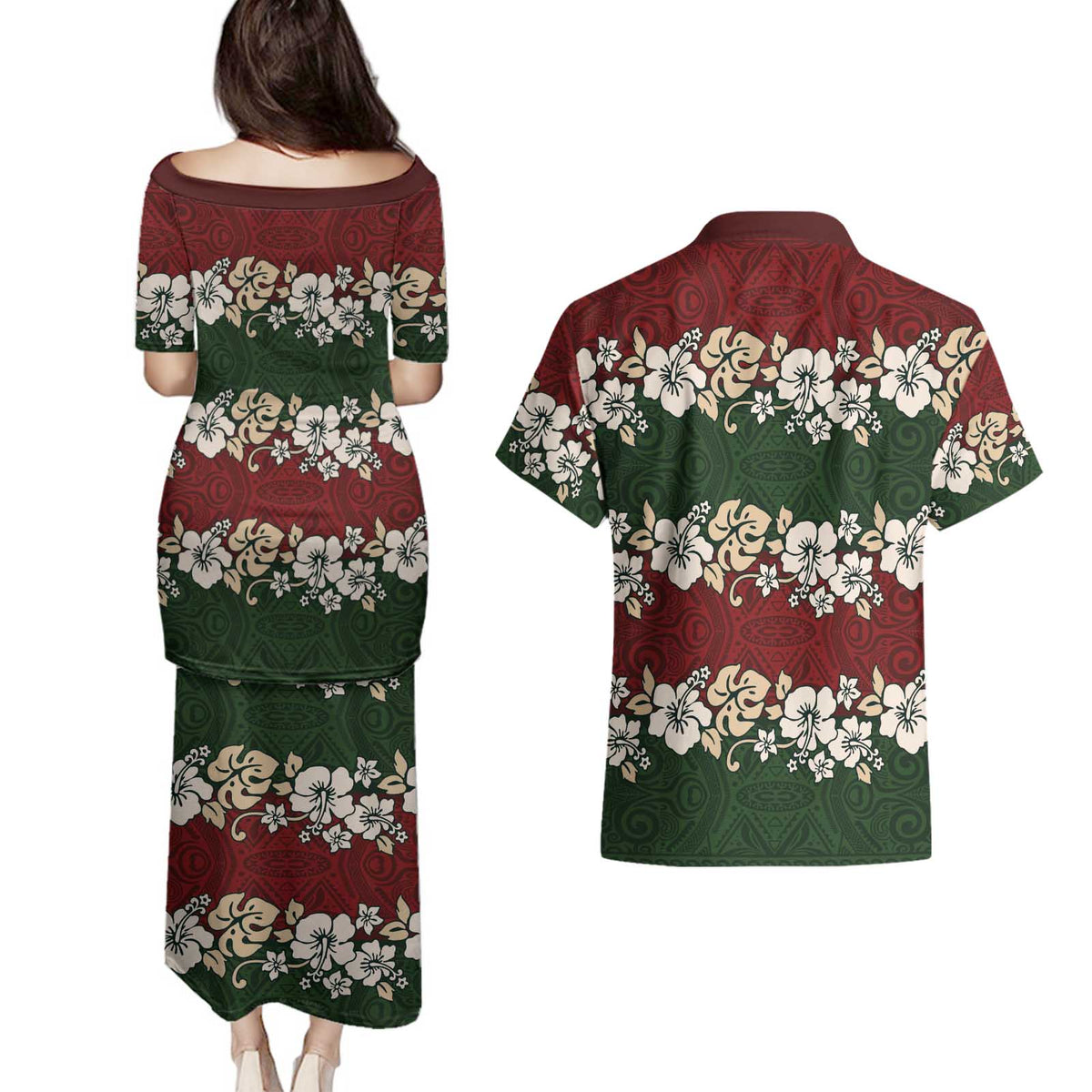 Hawaiian Hibiscus Christmas Color Couples Matching Puletasi and Hawaiian Shirt Unique