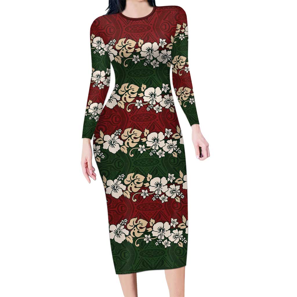 Hawaiian Hibiscus Christmas Color Family Matching Long Sleeve Bodycon Dress and Hawaiian Shirt Unique LT01 Mom's Dress Red - Polynesian Pride