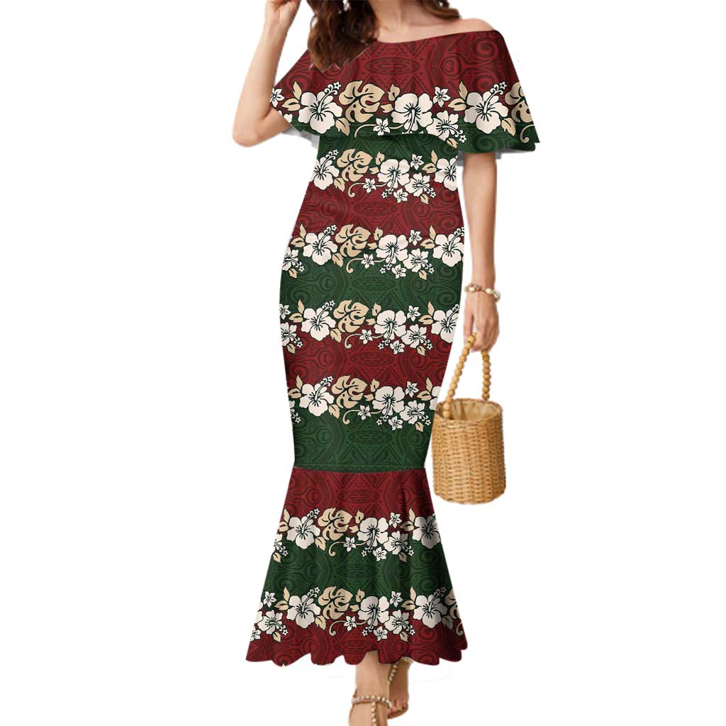 Hawaiian Hibiscus Christmas Color Family Matching Mermaid Dress and Hawaiian Shirt Unique LT01 Mom's Dress Red - Polynesian Pride