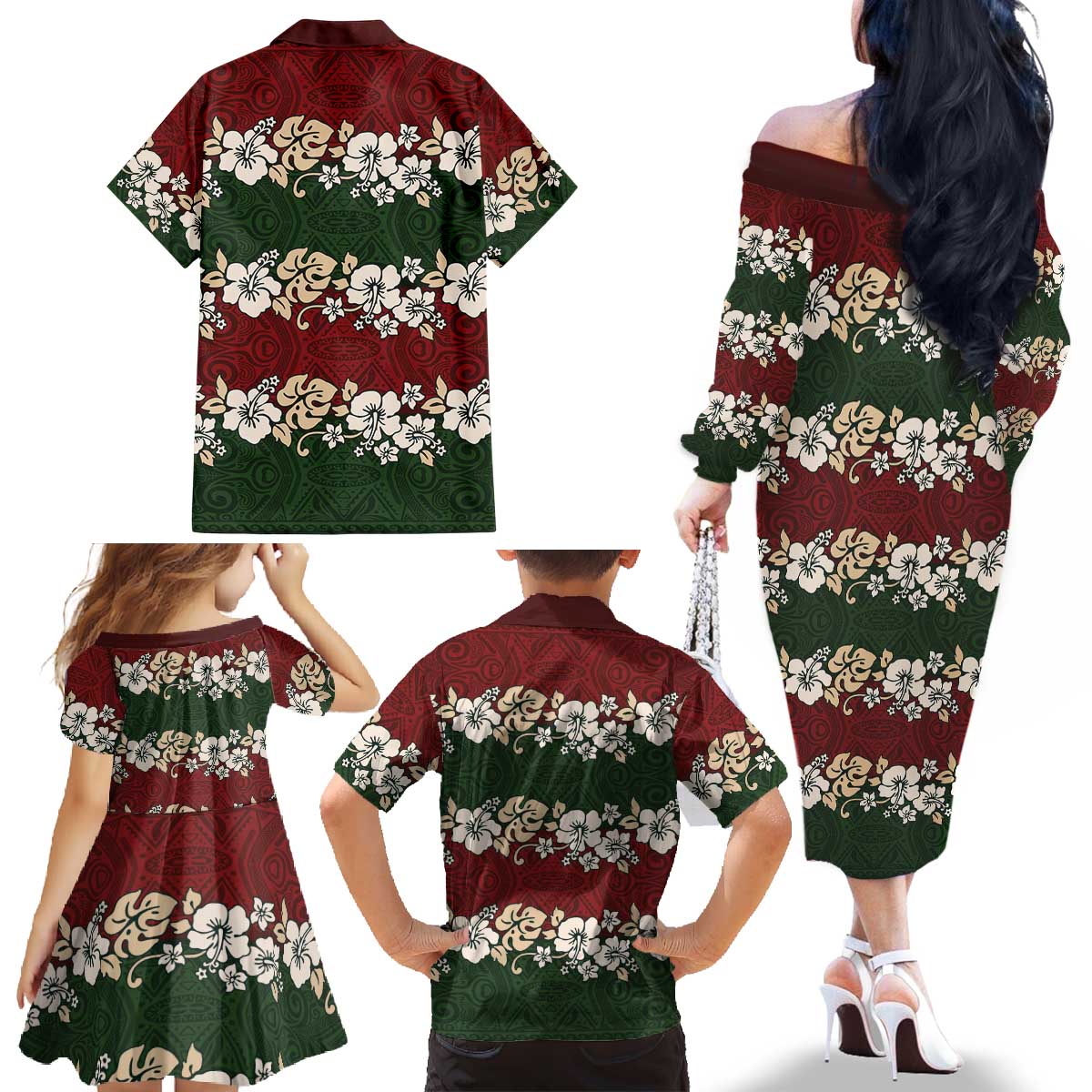 Hawaiian Hibiscus Christmas Color Family Matching Off The Shoulder Long Sleeve Dress and Hawaiian Shirt Unique LT01 - Polynesian Pride