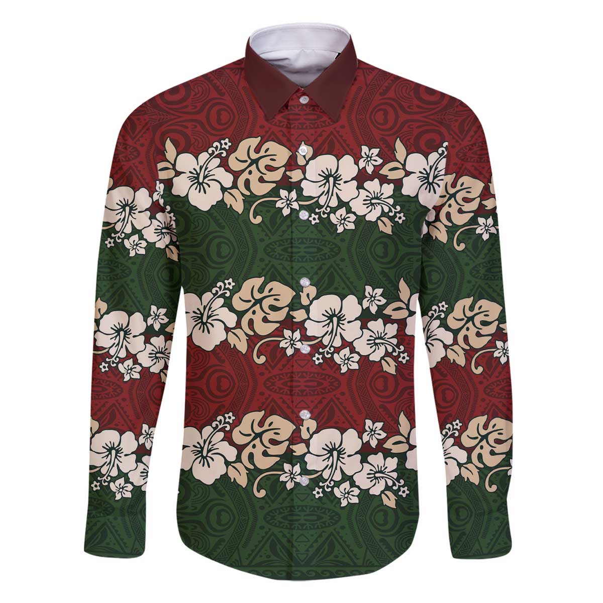 Hawaiian Hibiscus Christmas Color Family Matching Off The Shoulder Long Sleeve Dress and Hawaiian Shirt Unique LT01 Dad's Shirt - Long Sleeve Red - Polynesian Pride