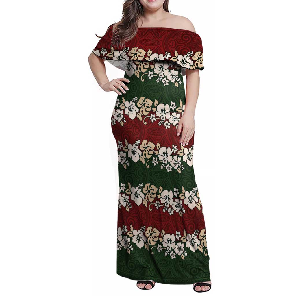 Hawaiian Hibiscus Christmas Color Family Matching Off Shoulder Maxi Dress and Hawaiian Shirt Unique LT01 Mom's Dress Red - Polynesian Pride