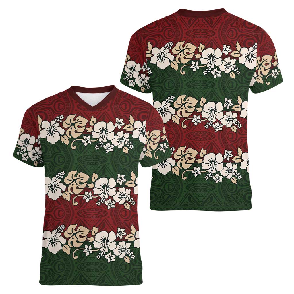 Hawaiian Hibiscus Christmas Color Women V-Neck T-Shirt Unique