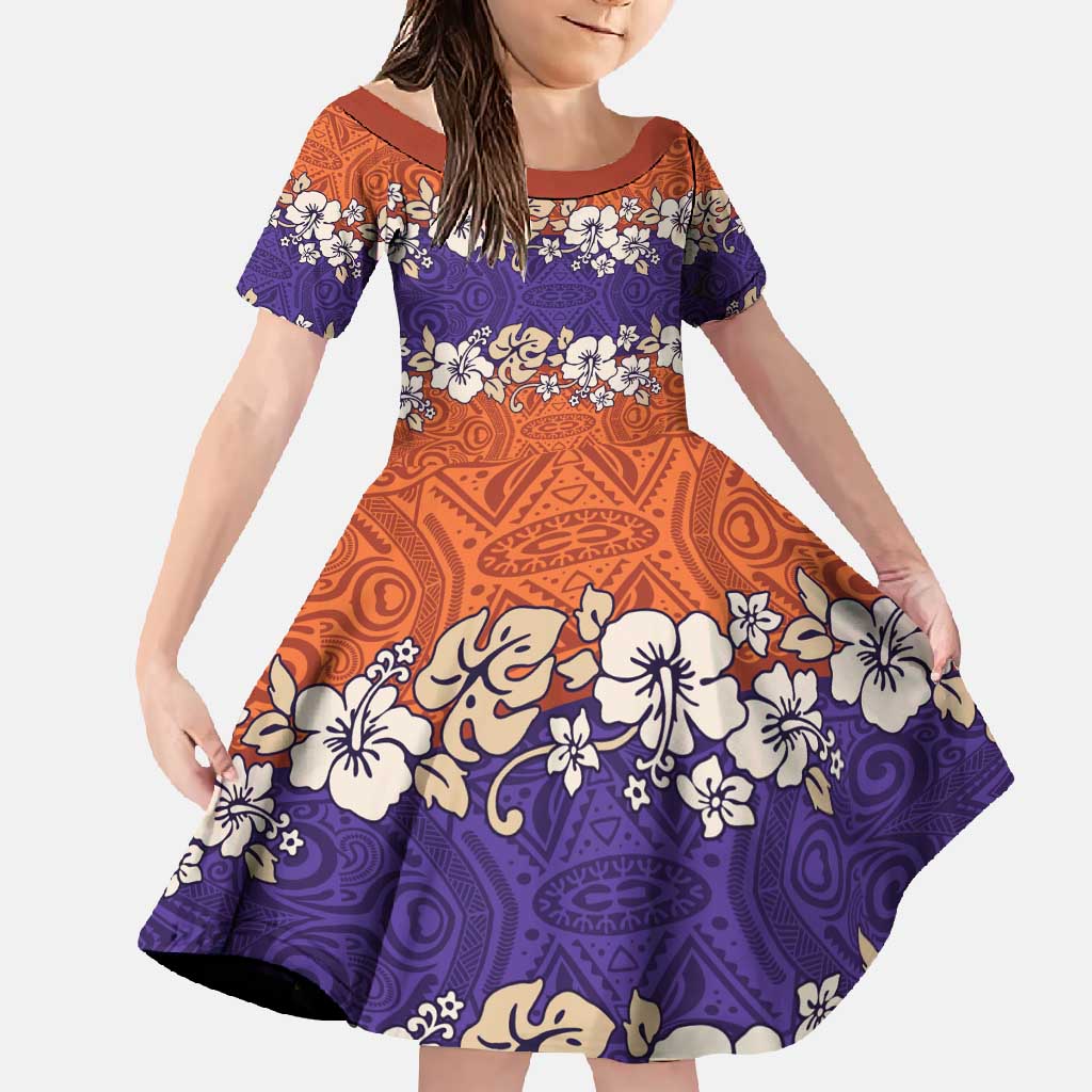 Hawaiian Hibiscus Family Matching Long Sleeve Bodycon Dress and Hawaiian Shirt Orange and Purple Unique LT01 Daughter's Dress Orange - Polynesian Pride