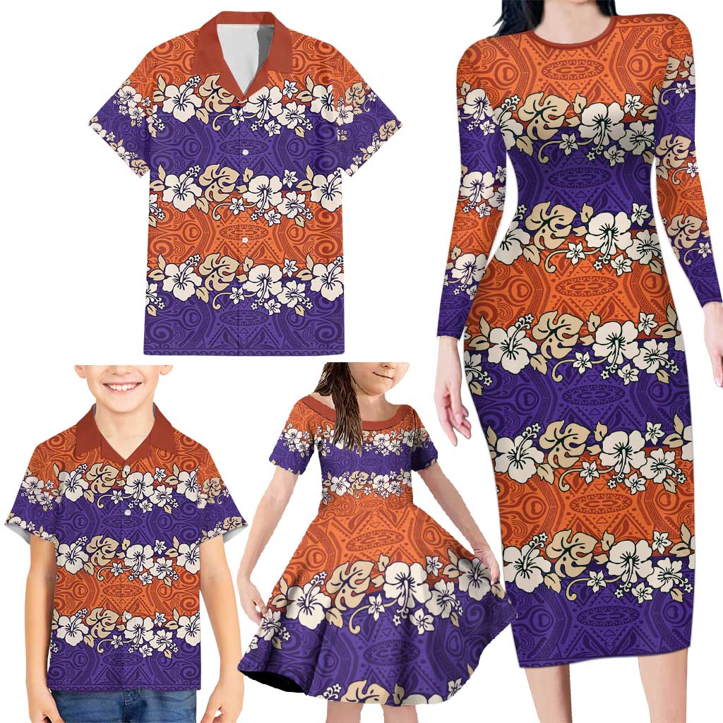 Hawaiian Hibiscus Family Matching Long Sleeve Bodycon Dress and Hawaiian Shirt Orange and Purple Unique LT01 - Polynesian Pride