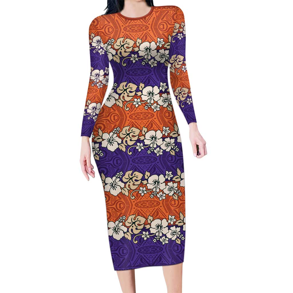 Hawaiian Hibiscus Family Matching Long Sleeve Bodycon Dress and Hawaiian Shirt Orange and Purple Unique LT01 Mom's Dress Orange - Polynesian Pride