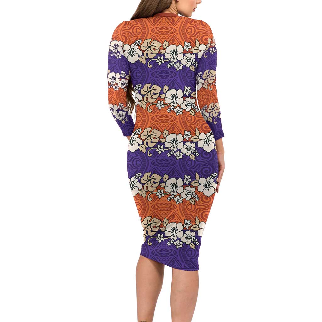 Hawaiian Hibiscus Family Matching Long Sleeve Bodycon Dress and Hawaiian Shirt Orange and Purple Unique LT01 - Polynesian Pride