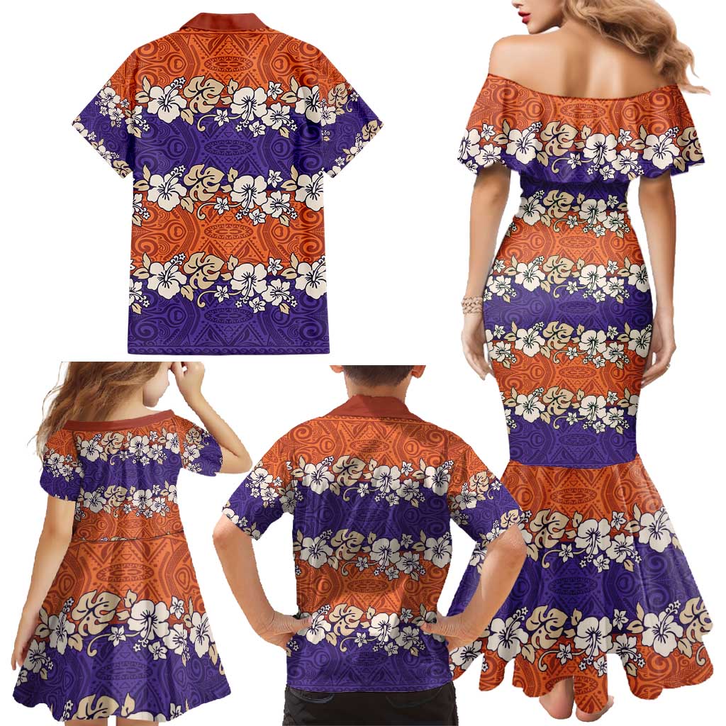 Hawaiian Hibiscus Family Matching Mermaid Dress and Hawaiian Shirt Orange and Purple Unique LT01 - Polynesian Pride