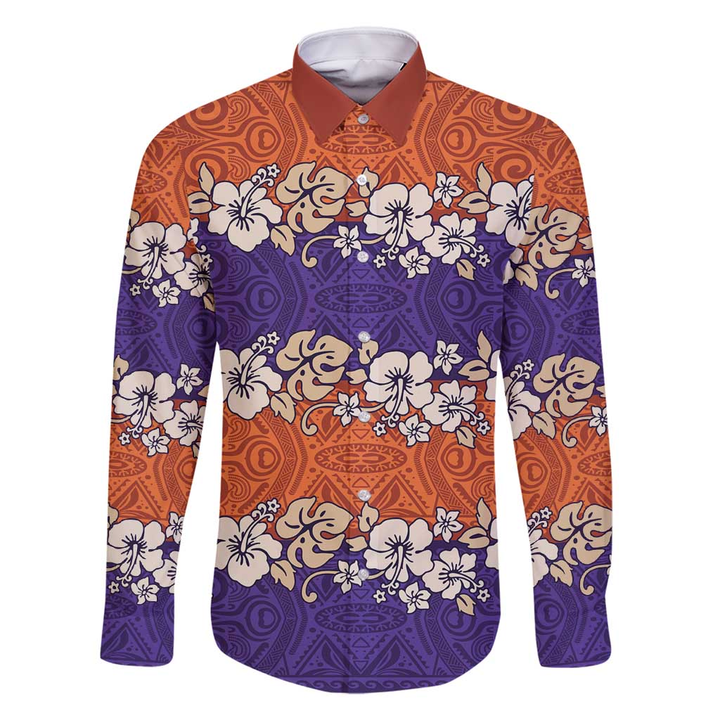 Hawaiian Hibiscus Family Matching Mermaid Dress and Hawaiian Shirt Orange and Purple Unique LT01 Dad's Shirt - Long Sleeve Orange - Polynesian Pride