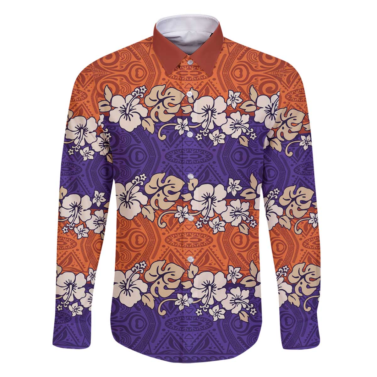 Hawaiian Hibiscus Family Matching Off The Shoulder Long Sleeve Dress and Hawaiian Shirt Orange and Purple Unique LT01 Dad's Shirt - Long Sleeve Orange - Polynesian Pride