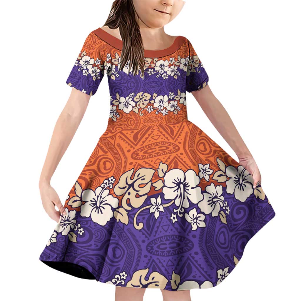 Hawaiian Hibiscus Family Matching Off Shoulder Short Dress and Hawaiian Shirt Orange and Purple Unique LT01 Daughter's Dress Orange - Polynesian Pride