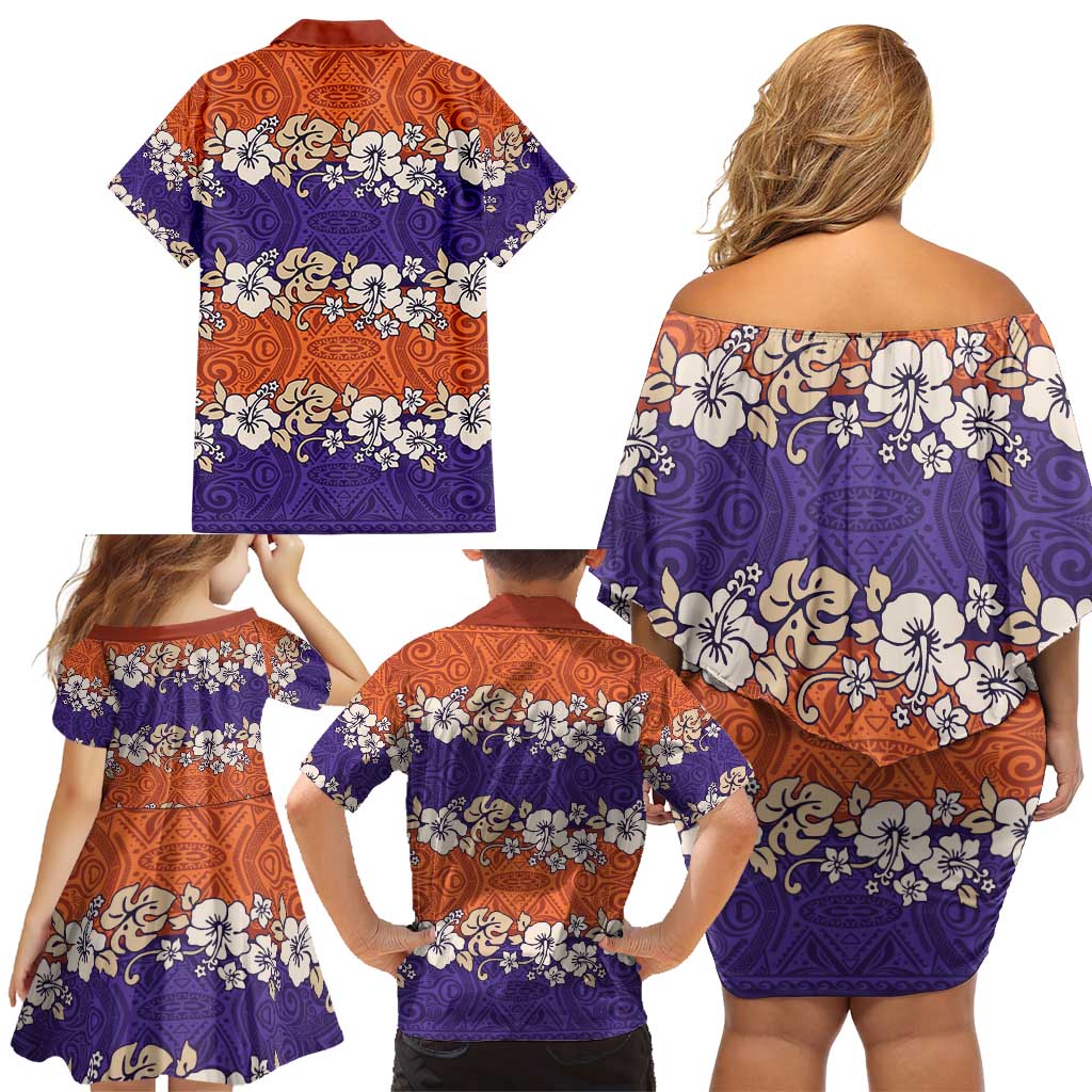 Hawaiian Hibiscus Family Matching Off Shoulder Short Dress and Hawaiian Shirt Orange and Purple Unique LT01 - Polynesian Pride