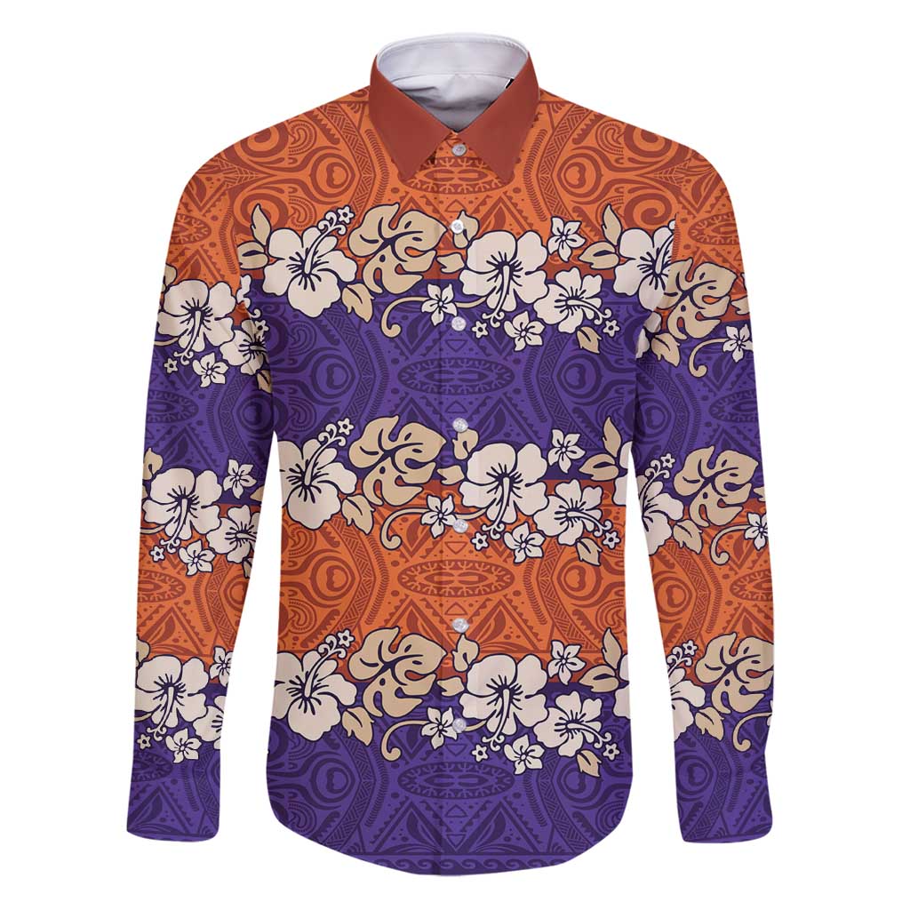 Hawaiian Hibiscus Family Matching Puletasi and Hawaiian Shirt Orange and Purple Unique