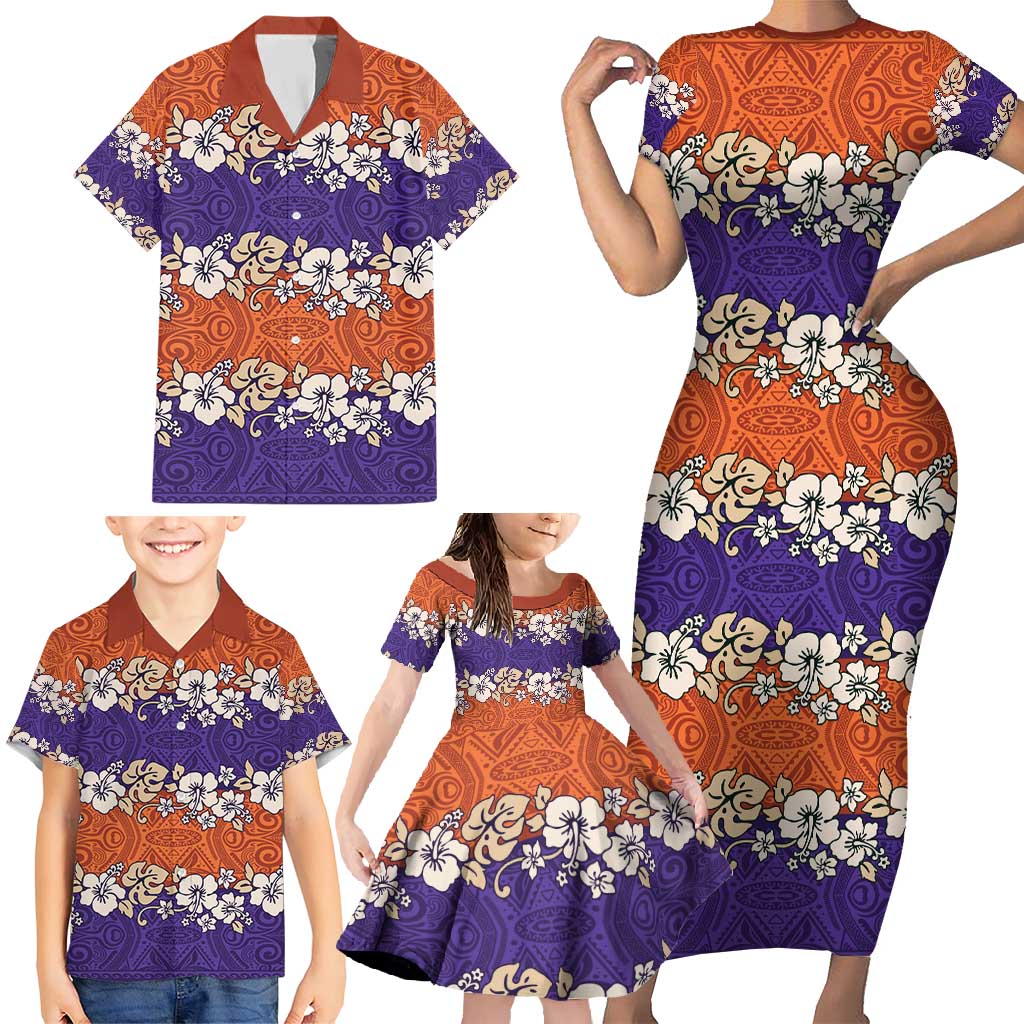 Hawaiian Hibiscus Family Matching Short Sleeve Bodycon Dress and Hawaiian Shirt Orange and Purple Unique LT01 - Polynesian Pride