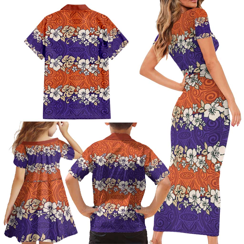 Hawaiian Hibiscus Family Matching Short Sleeve Bodycon Dress and Hawaiian Shirt Orange and Purple Unique LT01 - Polynesian Pride