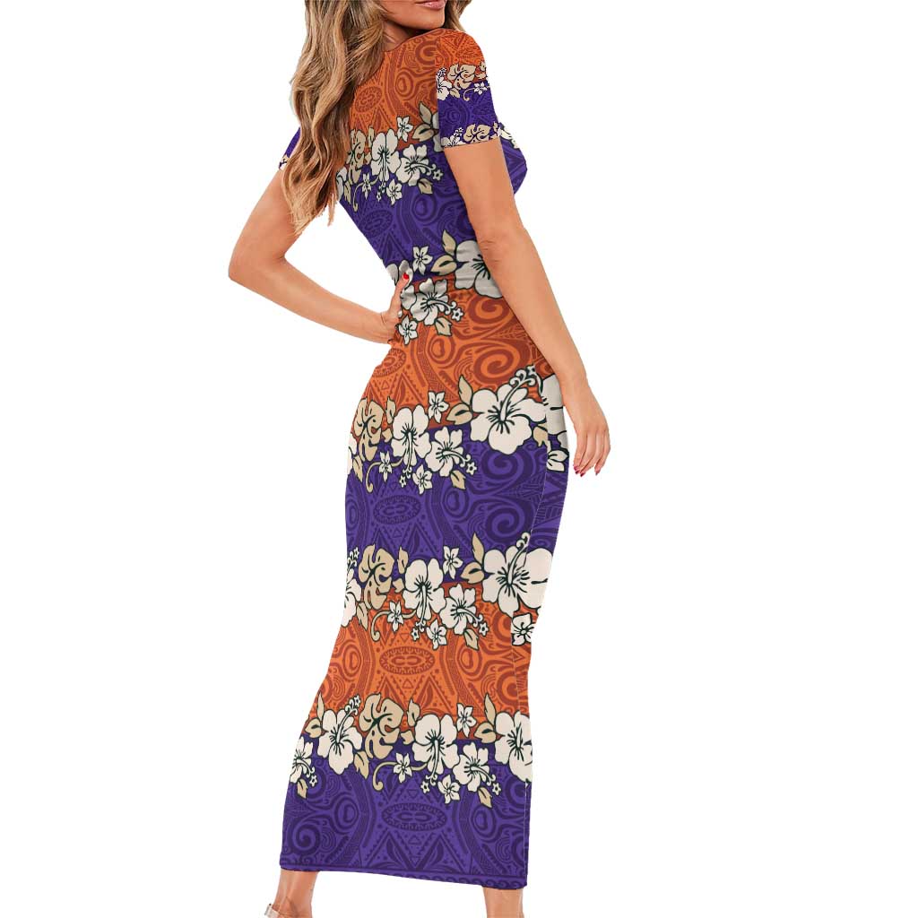 Hawaiian Hibiscus Family Matching Short Sleeve Bodycon Dress and Hawaiian Shirt Orange and Purple Unique LT01 - Polynesian Pride