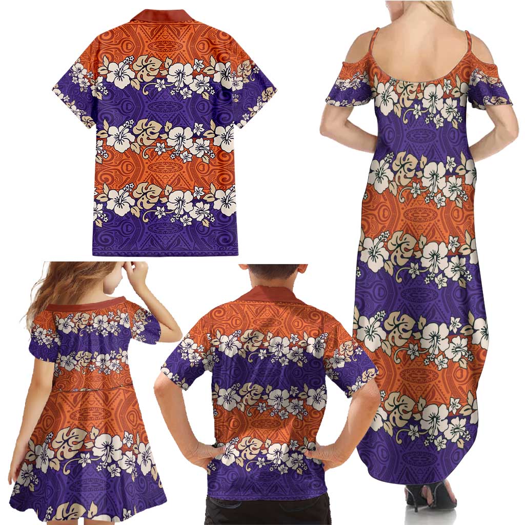 Hawaiian Hibiscus Family Matching Summer Maxi Dress and Hawaiian Shirt Orange and Purple Unique LT01 - Polynesian Pride