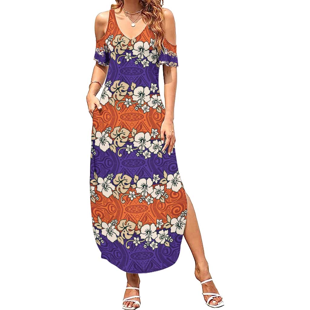 Hawaiian Hibiscus Family Matching Summer Maxi Dress and Hawaiian Shirt Orange and Purple Unique LT01 Mom's Dress Orange - Polynesian Pride