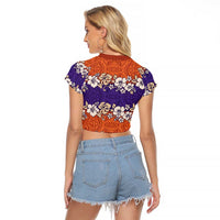 Hawaiian Hibiscus Raglan Cropped T Shirt Orange and Purple Unique