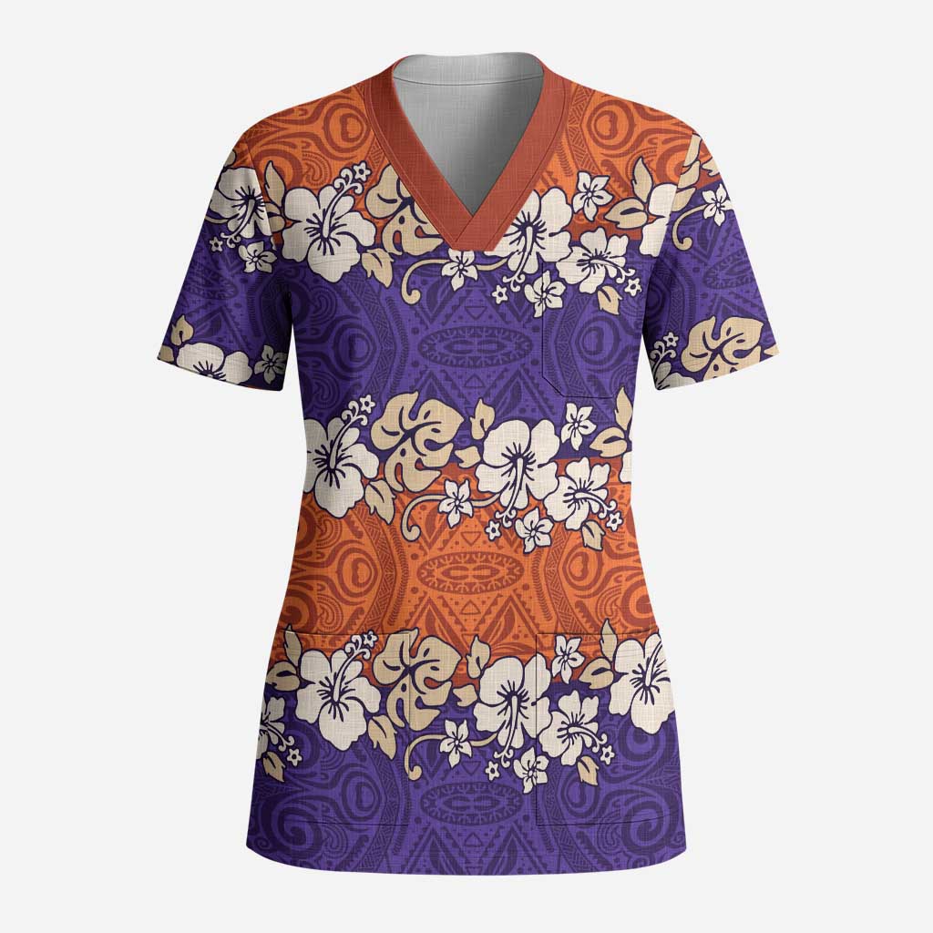 Hawaiian Hibiscus Scrub Top Orange and Purple Unique - Polynesian Pride
