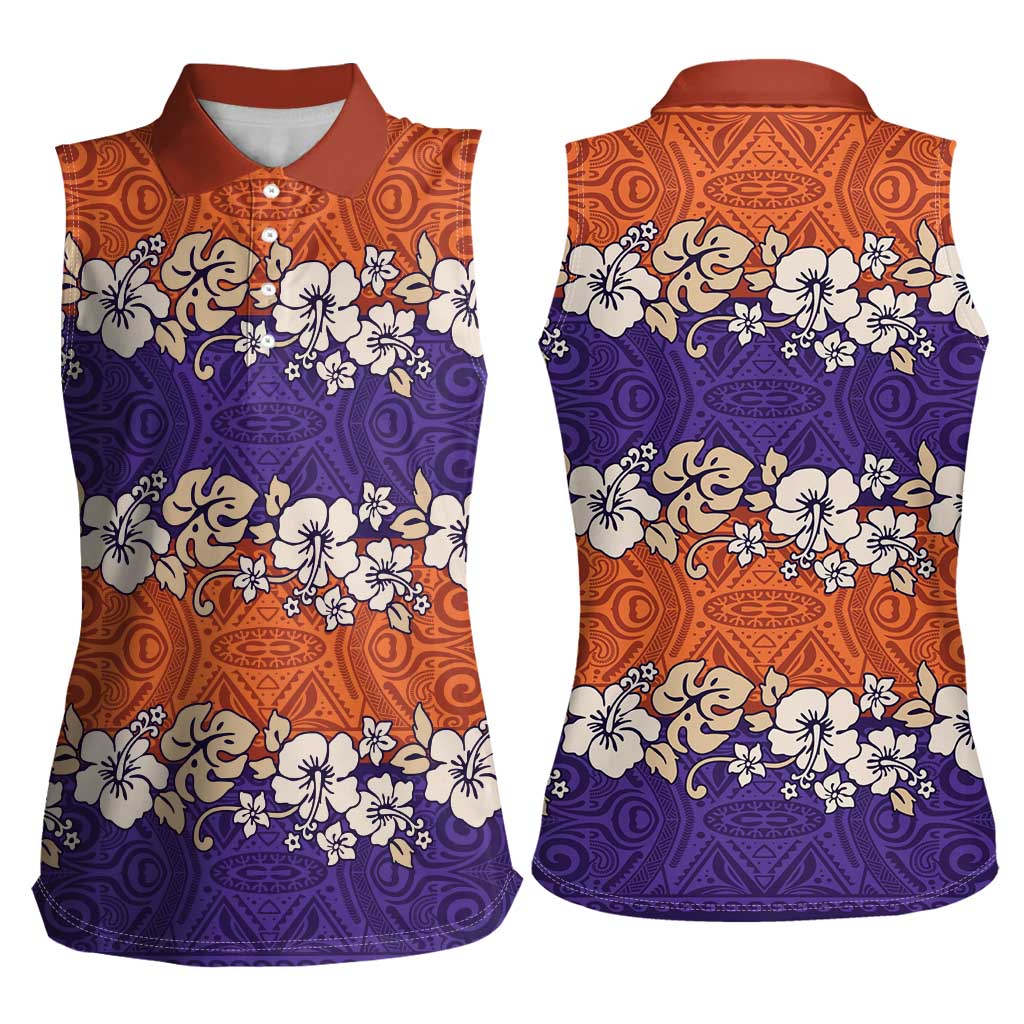 Hawaiian Hibiscus Women Sleeveless Polo Shirt Orange and Purple Unique