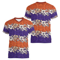 Hawaiian Hibiscus Women V-Neck T-Shirt Orange and Purple Unique