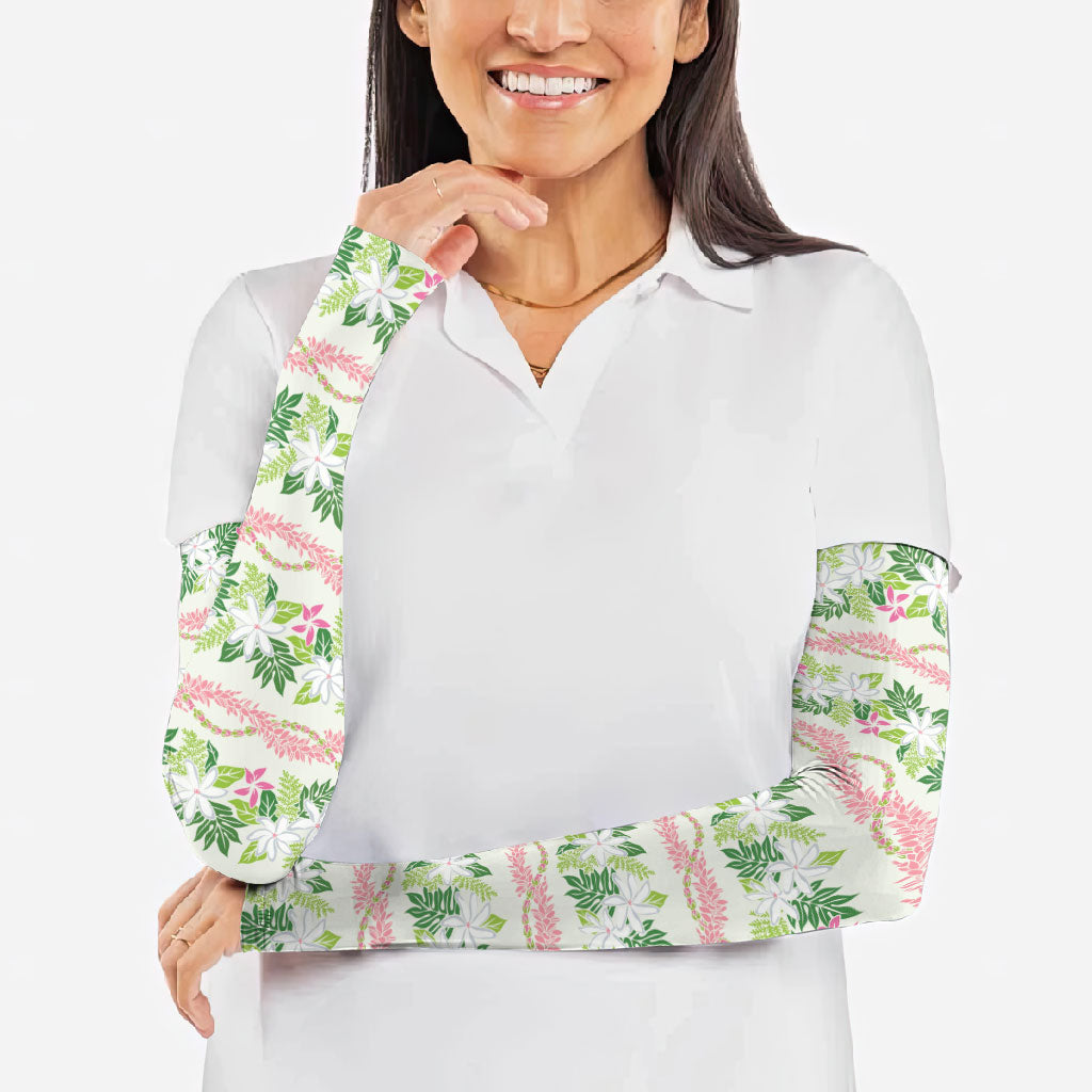 Monstera Tiare Plumeria Lei Pattern Arm Sleeves Green Version LT01 - Polynesian Pride