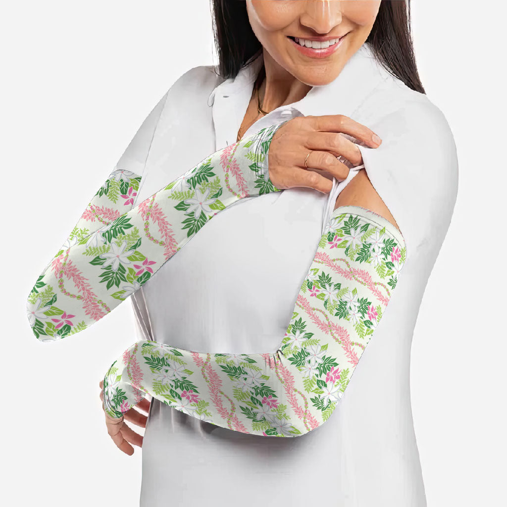 Monstera Tiare Plumeria Lei Pattern Arm Sleeves Green Version LT01 - Polynesian Pride