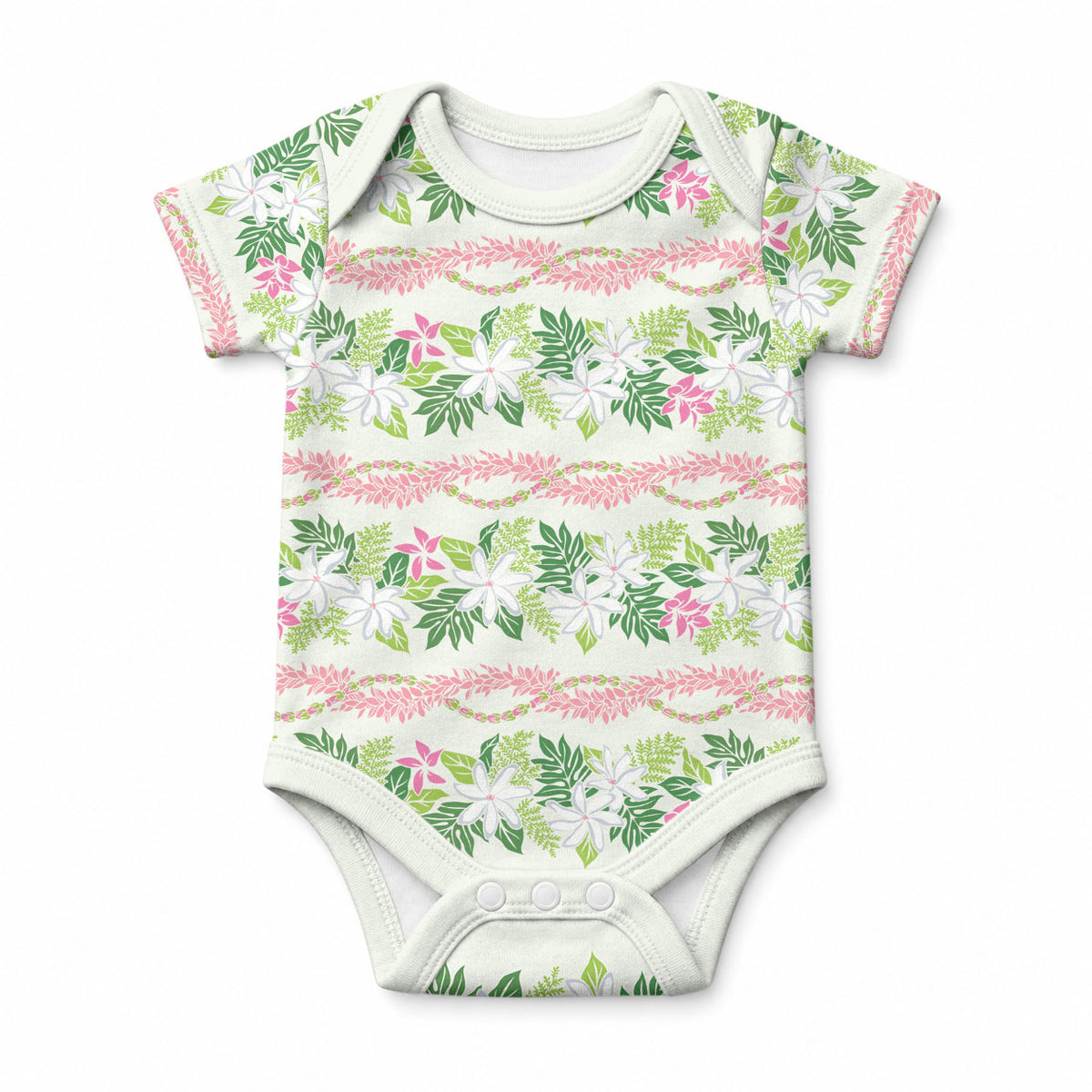 Monstera Tiare Plumeria Lei Pattern Baby Onesie Green Version