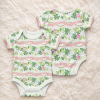 Monstera Tiare Plumeria Lei Pattern Baby Onesie Green Version