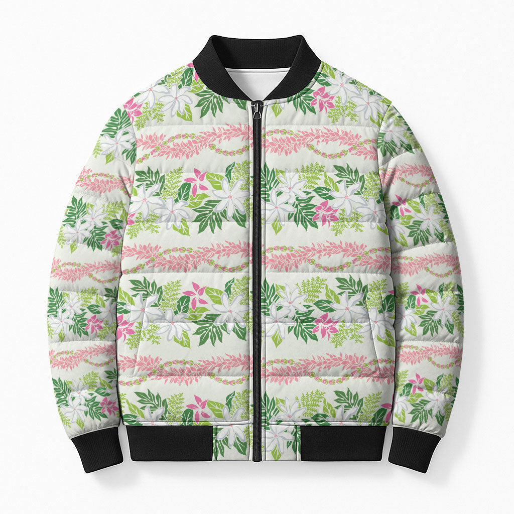 Monstera Tiare Plumeria Lei Pattern Bomber Puffer Jacket Green Version