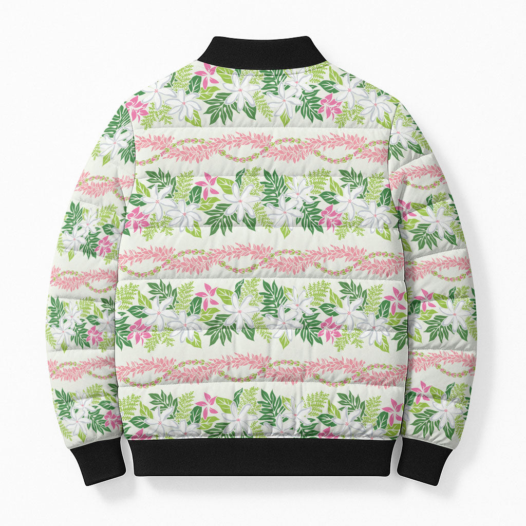Monstera Tiare Plumeria Lei Pattern Bomber Puffer Jacket Green Version