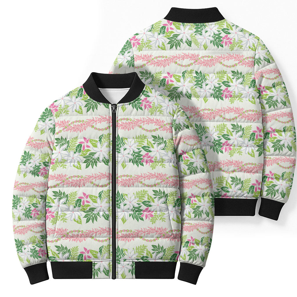 Monstera Tiare Plumeria Lei Pattern Bomber Puffer Jacket Green Version