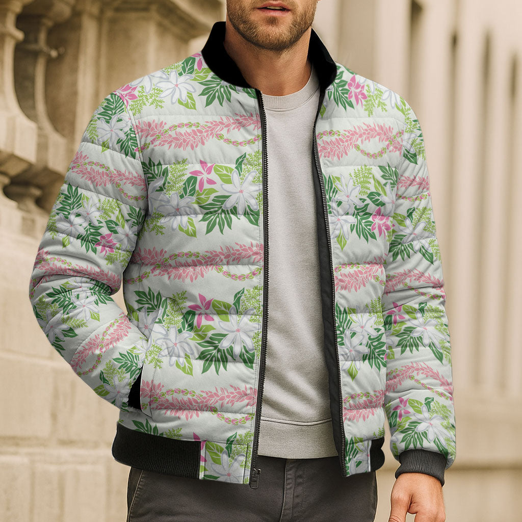 Monstera Tiare Plumeria Lei Pattern Bomber Puffer Jacket Green Version