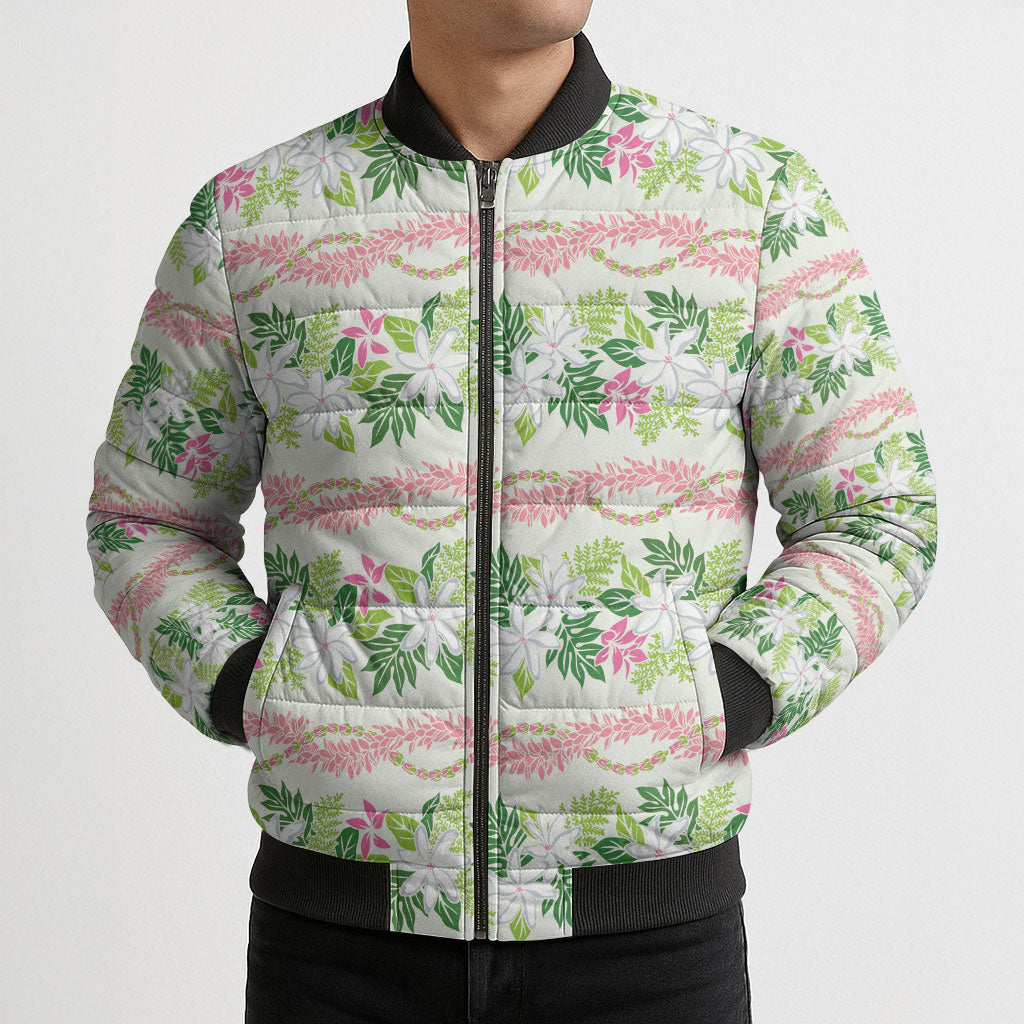 Monstera Tiare Plumeria Lei Pattern Bomber Puffer Jacket Green Version