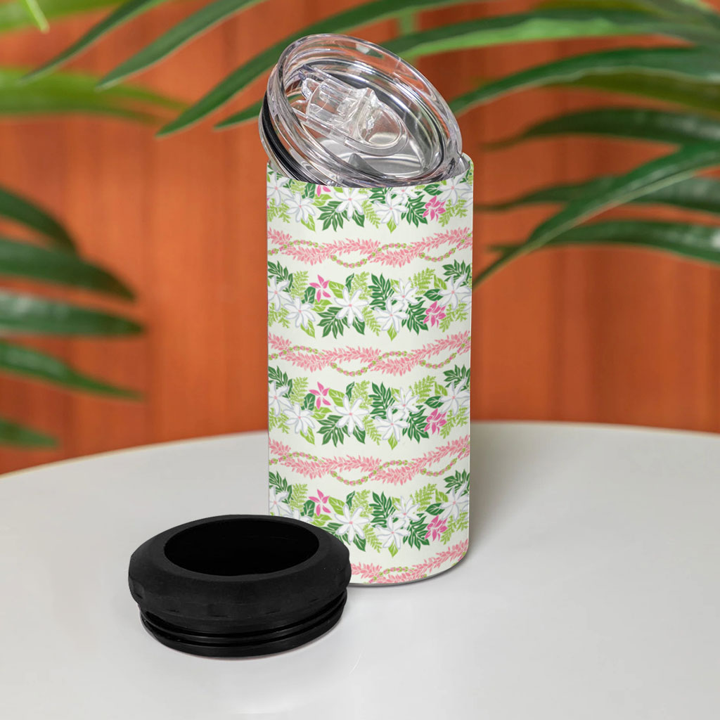 Monstera Tiare Plumeria Lei Pattern 4 in 1 Can Cooler Tumbler Green Version LT01 - Polynesian Pride