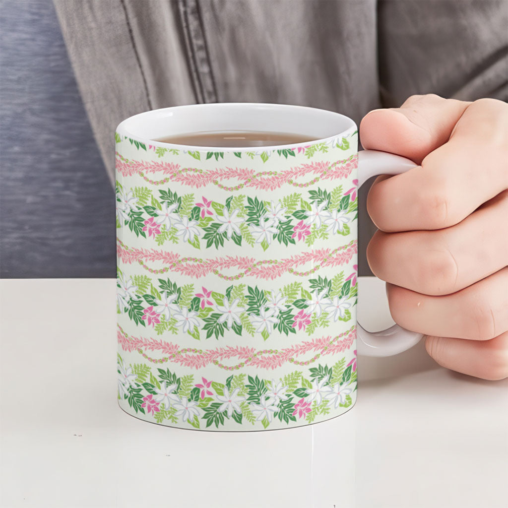 Monstera Tiare Plumeria Lei Pattern Ceramic Mug Green Version LT01 - Polynesian Pride