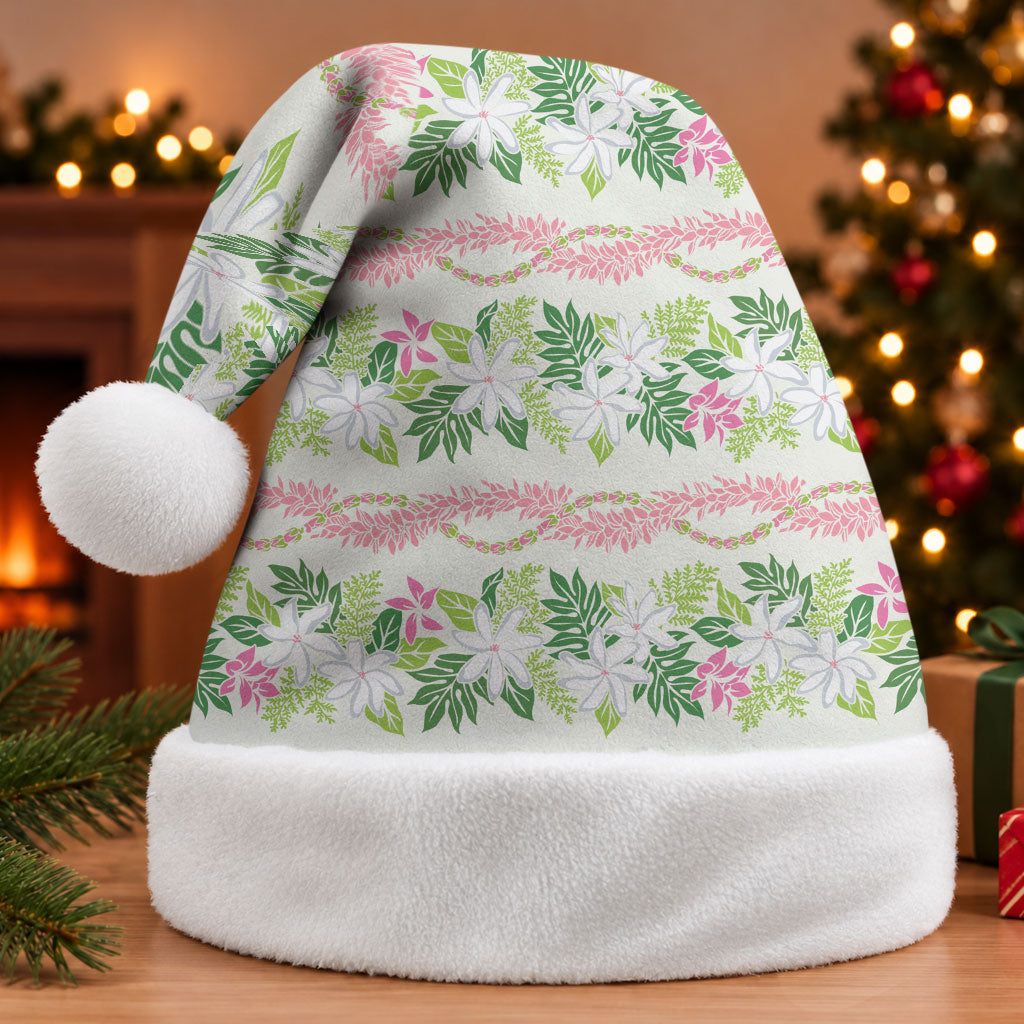 Monstera Tiare Plumeria Lei Pattern Christmas Santa Hat Green Version LT01 Without Fur Green - Polynesian Pride