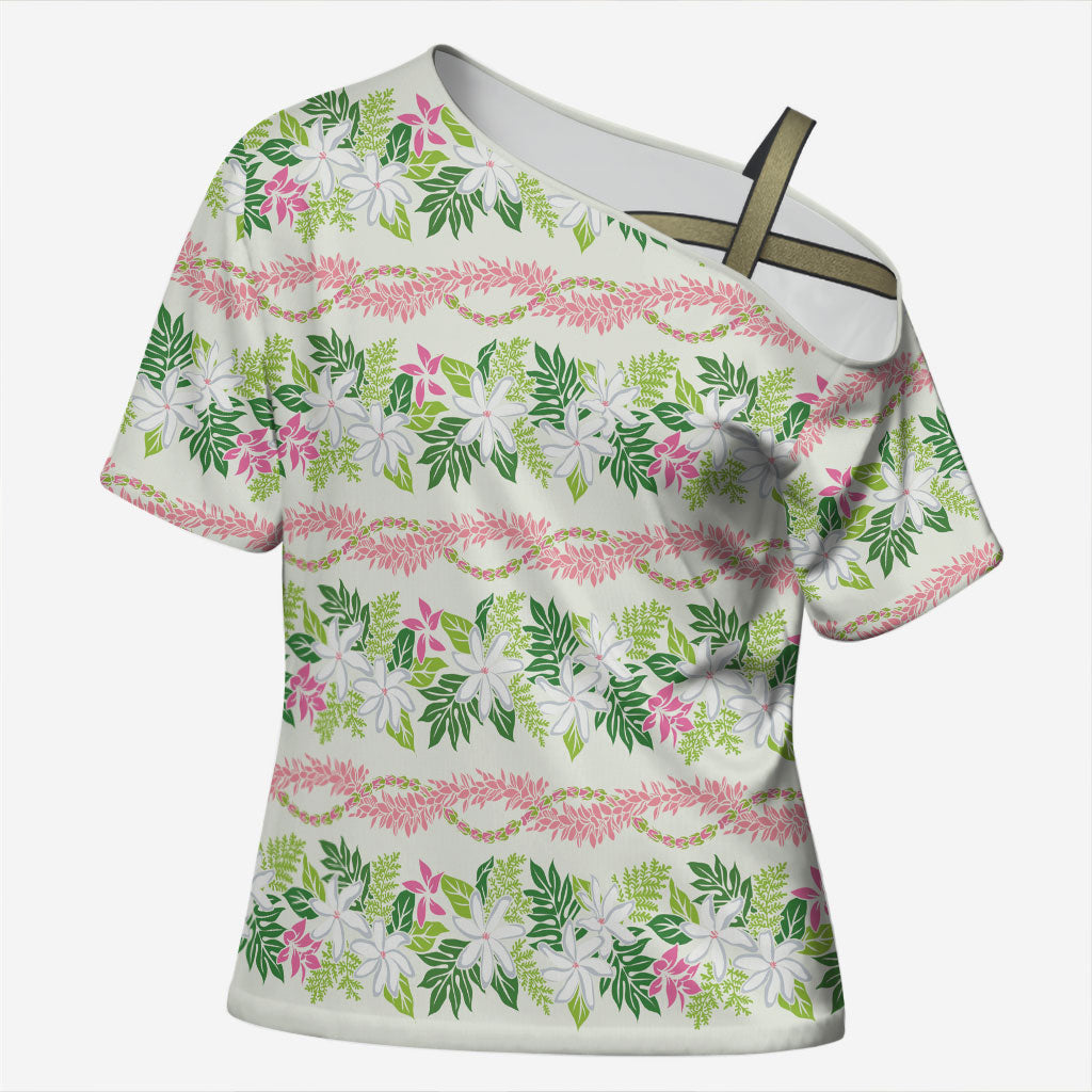 Monstera Tiare Plumeria Lei Pattern Cross Shoulder Shirt Green Version LT01 Female Green - Polynesian Pride