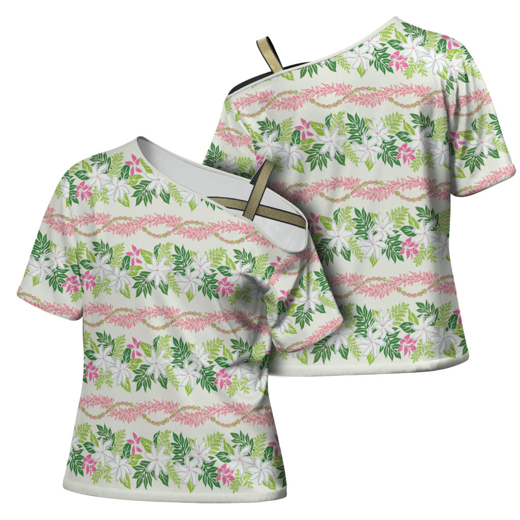 Monstera Tiare Plumeria Lei Pattern Cross Shoulder Shirt Green Version LT01 - Polynesian Pride