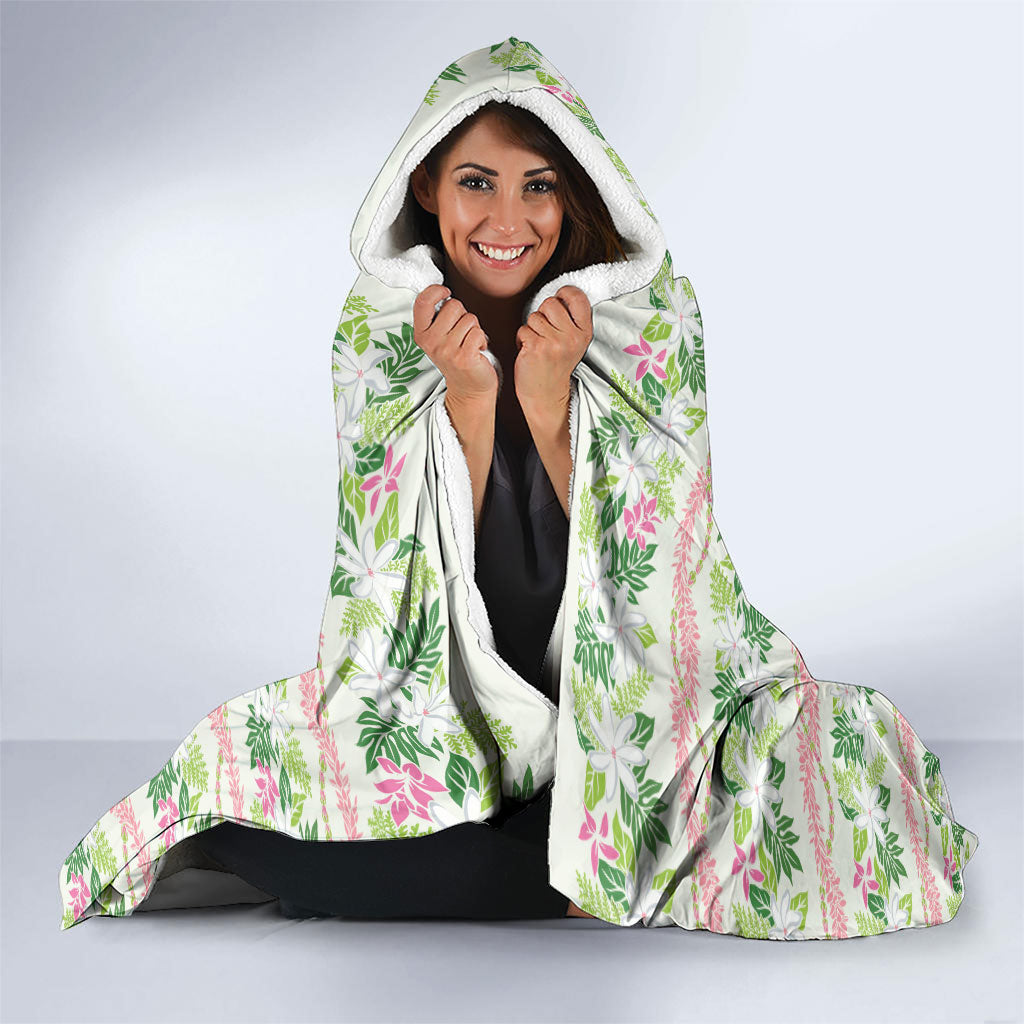 Monstera Tiare Plumeria Lei Pattern Hooded Blanket Green Version