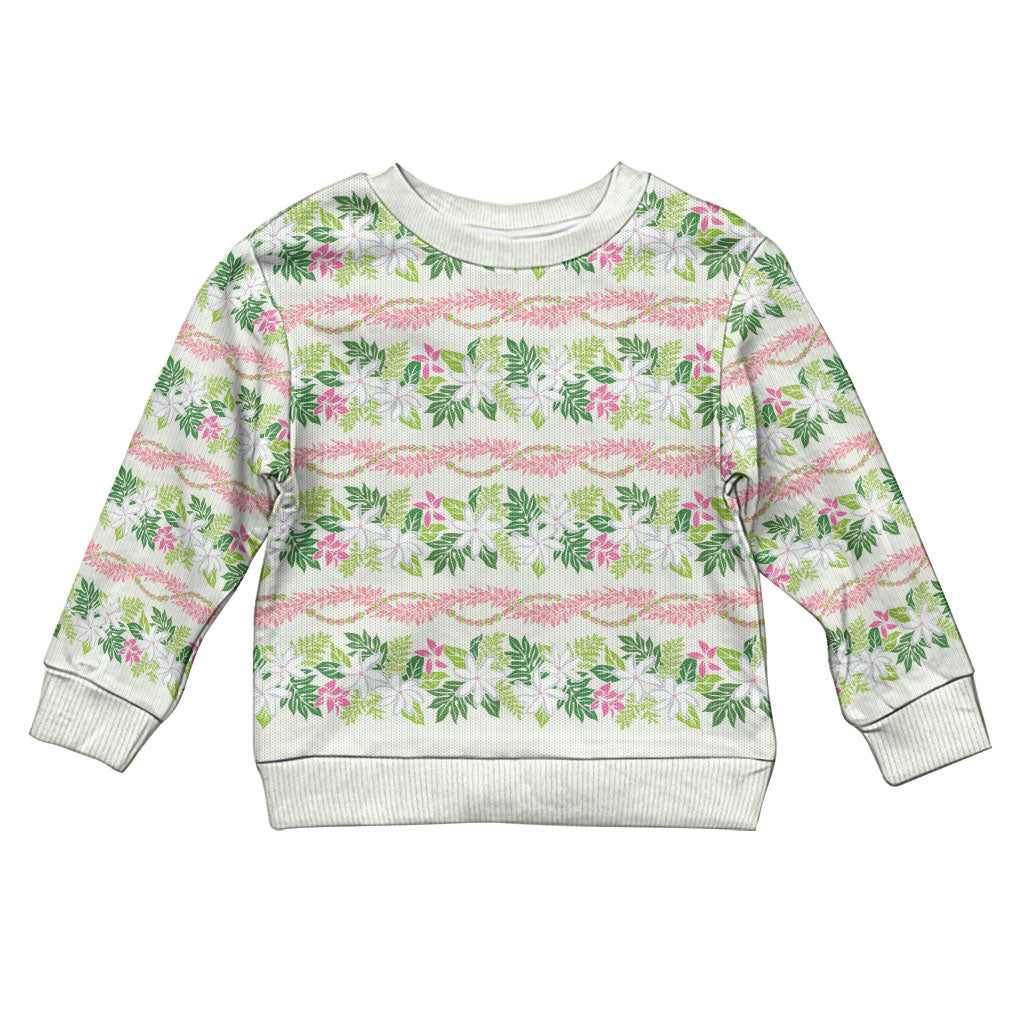 Monstera Tiare Plumeria Lei Pattern Kid Ugly Christmas Sweater Green Version LT01 Kid Green - Polynesian Pride